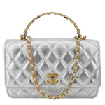 CHANEL WOC Calfskin Leather Top Handle Crossbody Bag Metallic Silver