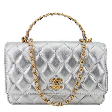 CHANEL WOC Calfskin Leather Top Handle Crossbody Bag Metallic Silver