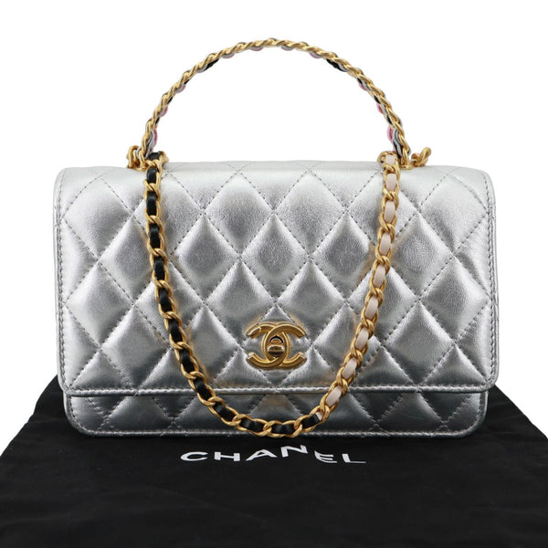 CHANEL WOC Calfskin Leather Top Handle Crossbody Bag Metallic Silver