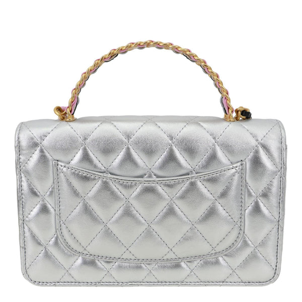 CHANEL WOC Calfskin Leather Top Handle Crossbody Bag Metallic Silver