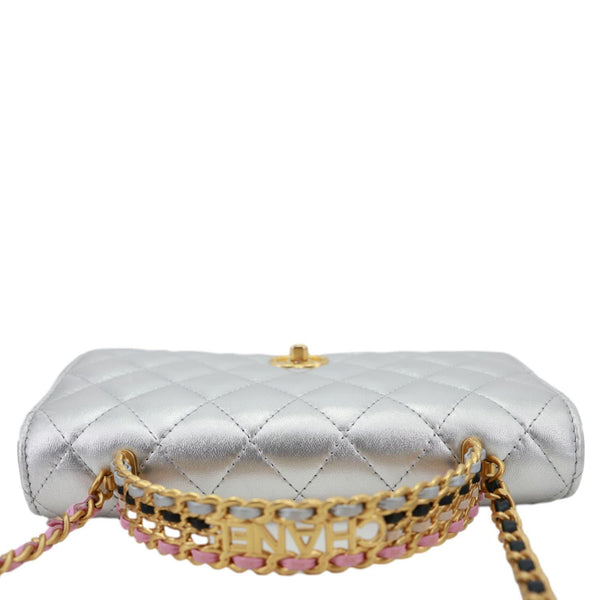 CHANEL WOC Calfskin Leather Top Handle Crossbody Bag Metallic Silver