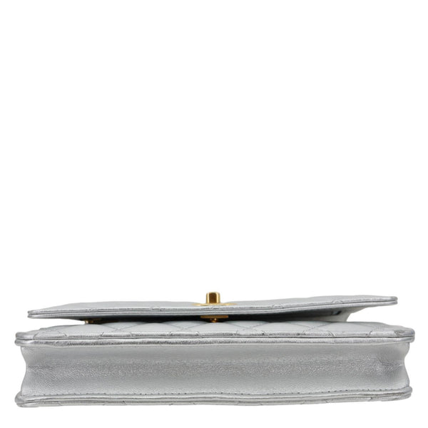 CHANEL WOC Calfskin Leather Top Handle Crossbody Bag Metallic Silver