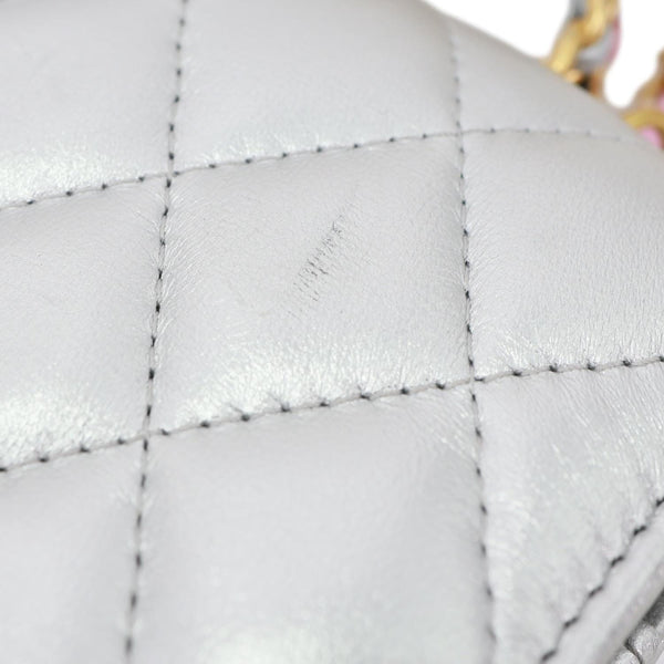 CHANEL WOC Calfskin Leather Top Handle Crossbody Bag Metallic Silver