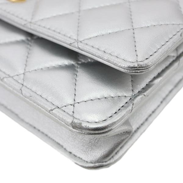 CHANEL WOC Calfskin Leather Top Handle Crossbody Bag Metallic Silver