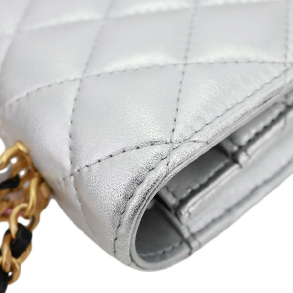 CHANEL WOC Calfskin Leather Top Handle Crossbody Bag Metallic Silver