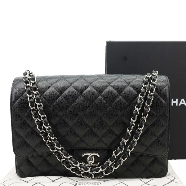 CHANEL Classic Double Flap Maxi Caviar Leather Shoulder Bag Black