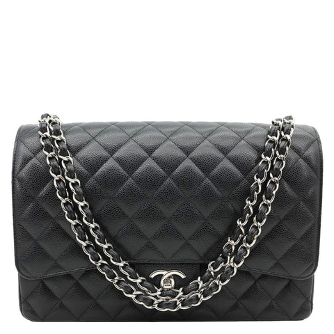 CHANEL Classic Double Flap Maxi Caviar Leather Shoulder Bag Black