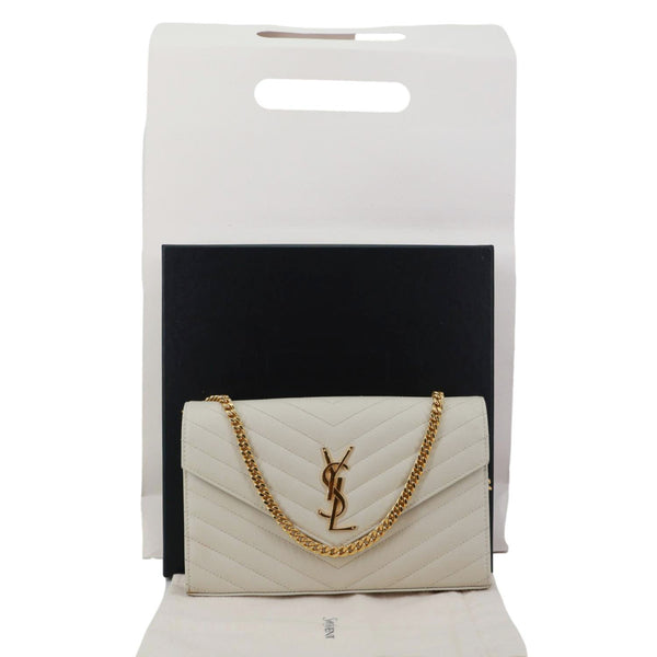 YVES SAINT LAURENT Cassandre Envelope Chevron Grain De Poudre Leather Crossbody Bag Off White