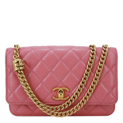 CHANEL WOC Shiny Quilted Lambskin Leather Wallet On Chain Pink