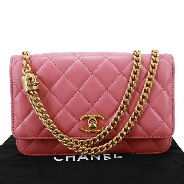 CHANEL WOC Shiny Quilted Lambskin Leather Wallet On Chain Pink