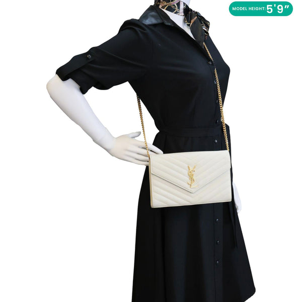YVES SAINT LAURENT Cassandre Envelope Chevron Grain De Poudre Leather Crossbody Bag Off White