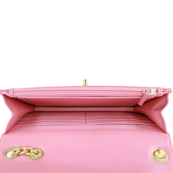 CHANEL WOC Shiny Quilted Lambskin Leather Wallet On Chain Pink