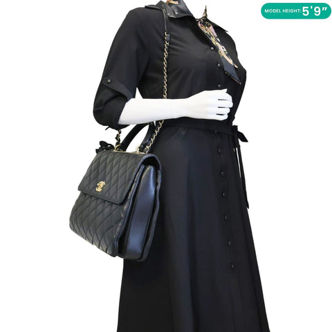 CHANEL Trendy CC Top Handle Flap Quilted Leather Shoulder Bag Black
