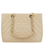 CHANEL Grand Shopping Quilted Caviar Leather GST Tote Bag Beige