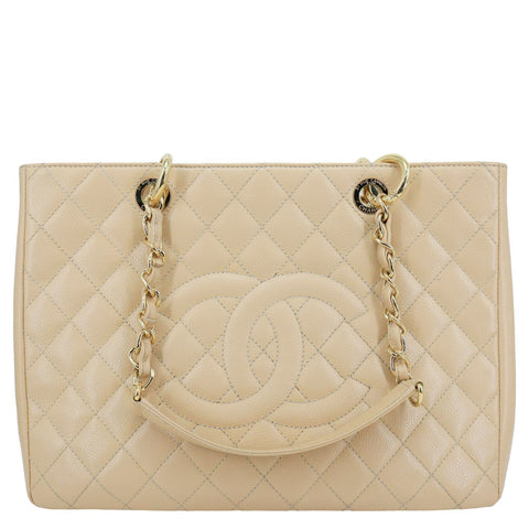 CHANEL Grand Shopping Quilted Caviar Leather GST Tote Bag Beige
