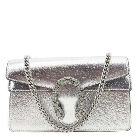 GUCCI Dionysus Super Mini Metallic Leather Crossbody Bag Silver 476432