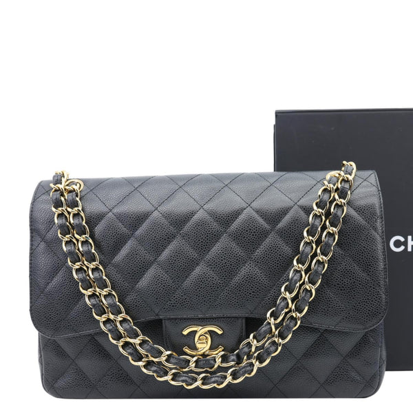 CHANEL Classic Jumbo Double Flap Quilted Caviar Leather Shoulder Bag Black
