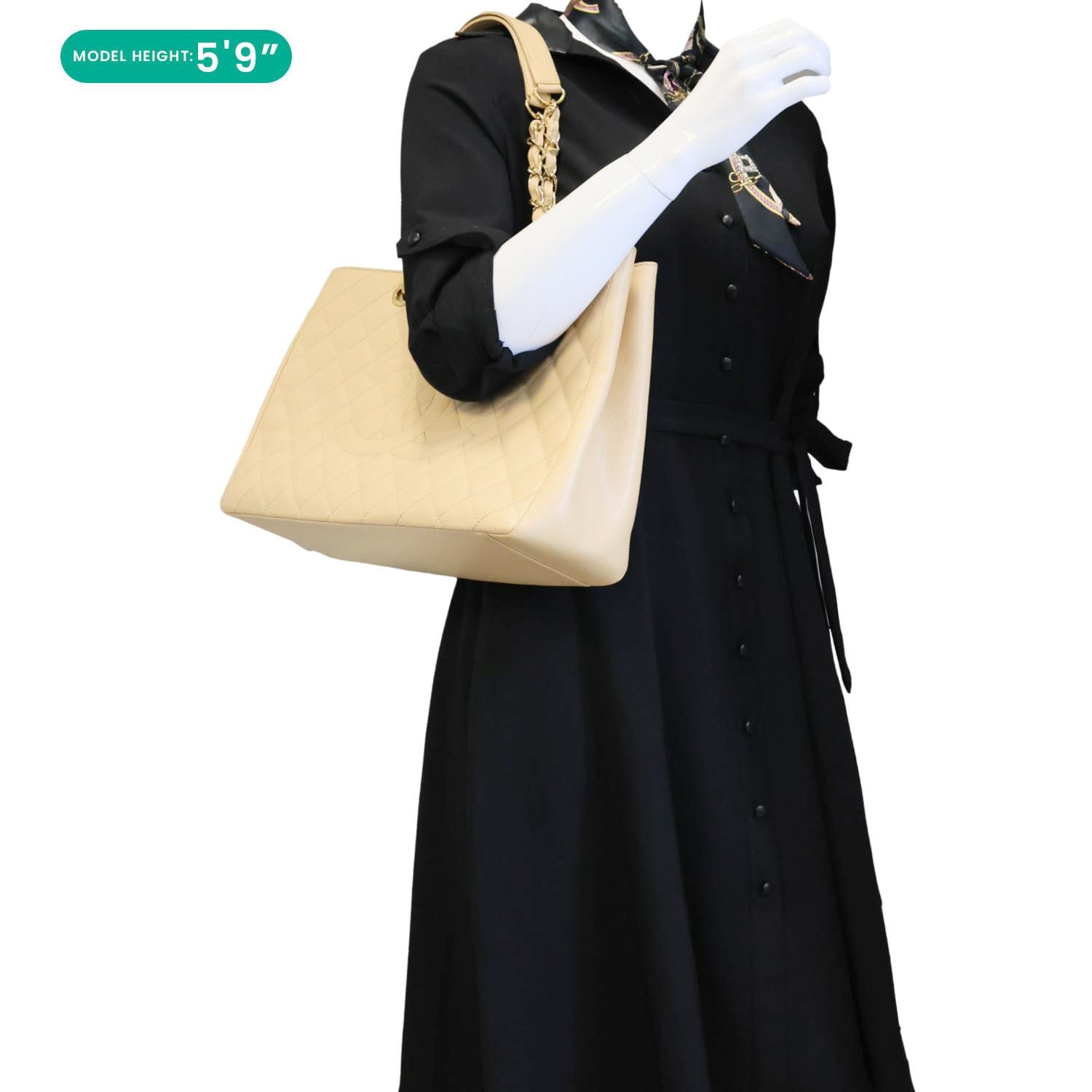 CHANEL Grand Shopping Quilted Caviar Leather GST Tote Bag Beige