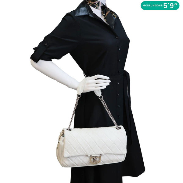 CHANEL Jumbo Icons Secret Label Flap Leather Satchel Bag White
