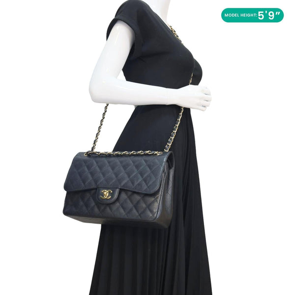 CHANEL Classic Jumbo Double Flap Quilted Caviar Leather Shoulder Bag Black