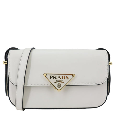 PRADA Metal Triangle Logo Flap Soft Calfskin Leather Shoulder Bag White