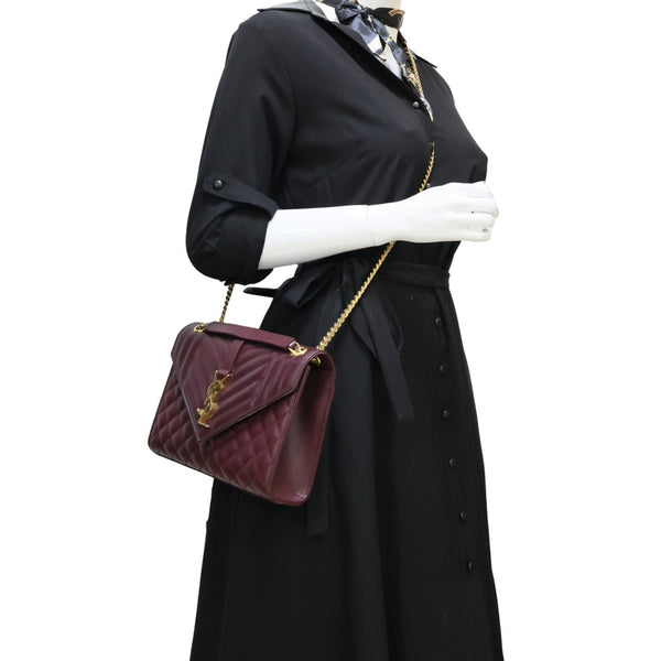 YVES SAINT LAURENT Envelope Flap Medium Grain De Poudre Crossbody Bag Burgundy