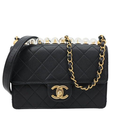 CHANEL Acrylic Beads Chic Pearls Flap Quilted Lambskin Leather Crossbody Bag Black