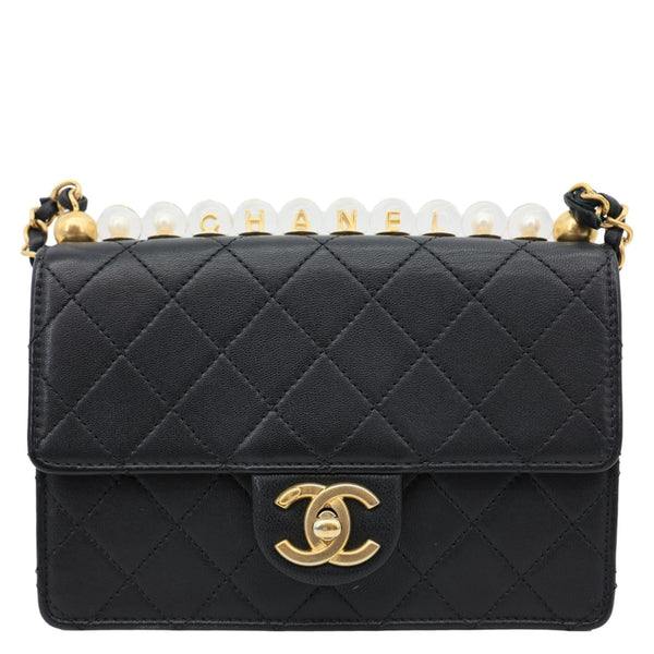 CHANEL Acrylic Beads Chic Pearls Flap Quilted Lambskin Leather Crossbody Bag Black
