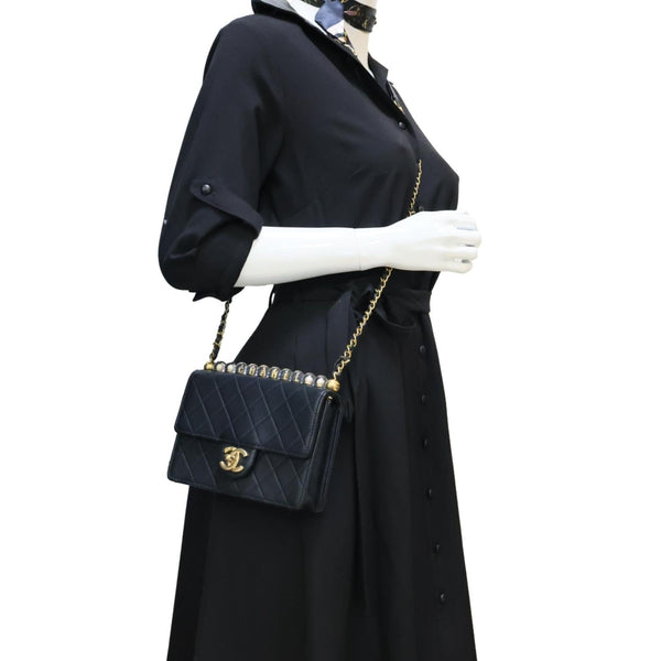 CHANEL Acrylic Beads Chic Pearls Flap Quilted Lambskin Leather Crossbody Bag Black