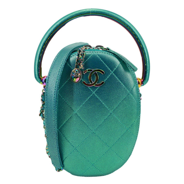 CHANEL Metallic Oval Quilted Caviar Leather Camera Bag Turquoise