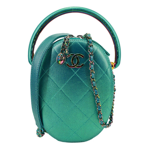 CHANEL Metallic Oval Quilted Caviar Leather Camera Bag Turquoise