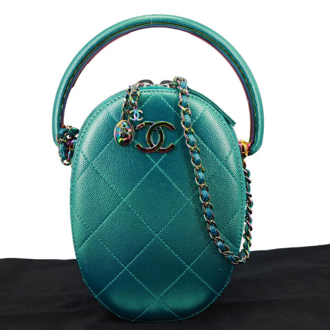 CHANEL Metallic Oval Quilted Caviar Leather Camera Bag Turquoise