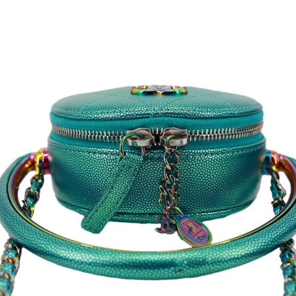 CHANEL Metallic Oval Quilted Caviar Leather Camera Bag Turquoise