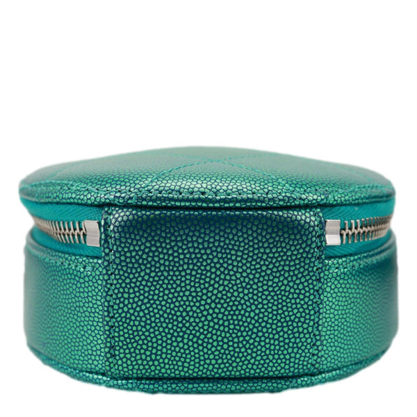 CHANEL Metallic Oval Quilted Caviar Leather Camera Bag Turquoise