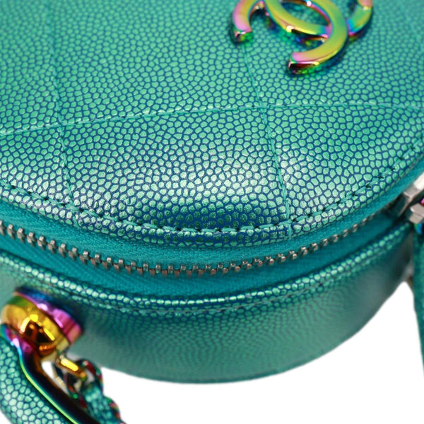 CHANEL Metallic Oval Quilted Caviar Leather Camera Bag Turquoise