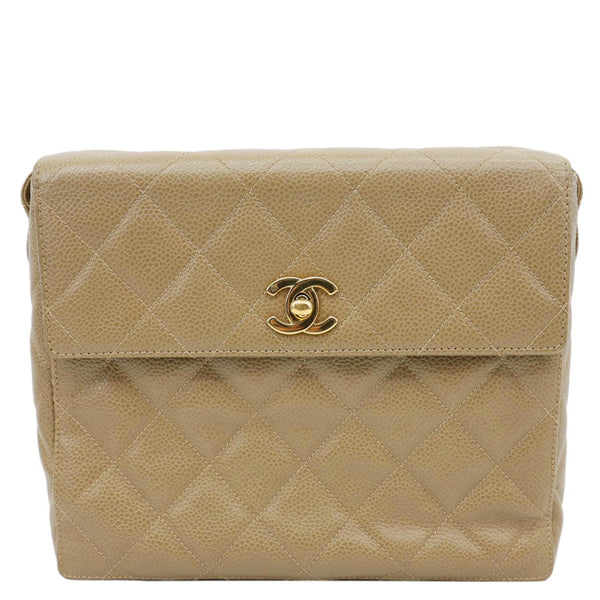CHANEL Straight Flap Quilted Caviar Leather Shoulder Bag Sand Beige