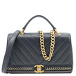 CHANEL Coco Stitched Flap Chevron Leather Chain Top Handle Shoulder Bag Navy Blue