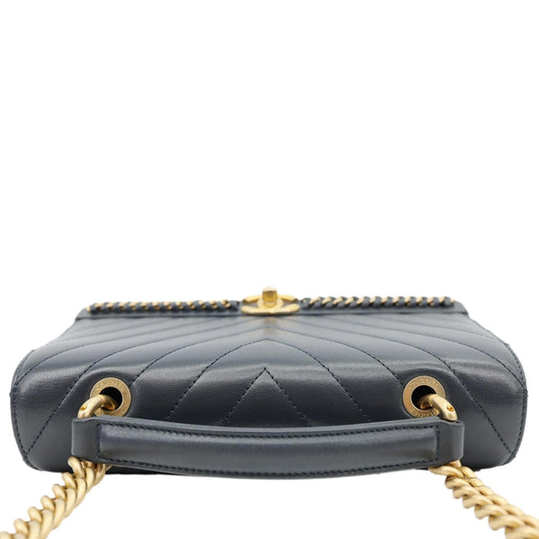 CHANEL Coco Stitched Flap Chevron Leather Chain Top Handle Shoulder Bag Navy Blue