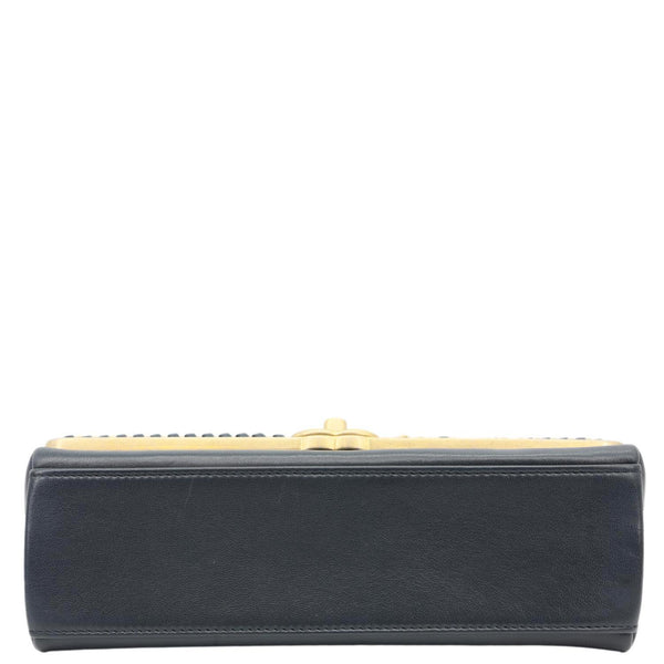 CHANEL Coco Stitched Flap Chevron Leather Chain Top Handle Shoulder Bag Navy Blue