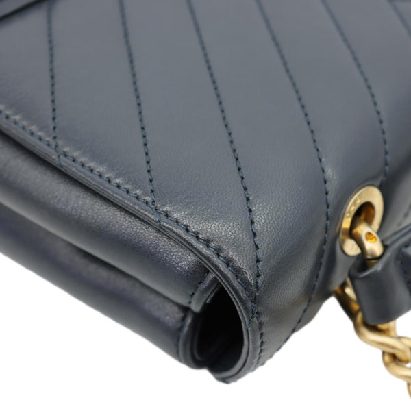 CHANEL Coco Stitched Flap Chevron Leather Chain Top Handle Shoulder Bag Navy Blue