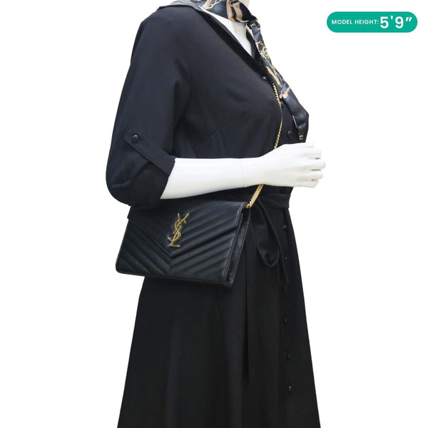 YVES SAINT LAURENT Classic Envelope Cassandre Leather Chain Crossbody Bag Black