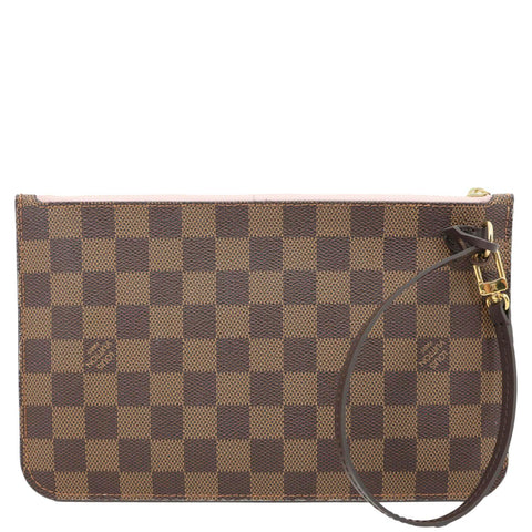 LOUIS VUITTON Neverfull Damier Ebene Wristlet Pouch Rose Ballerine