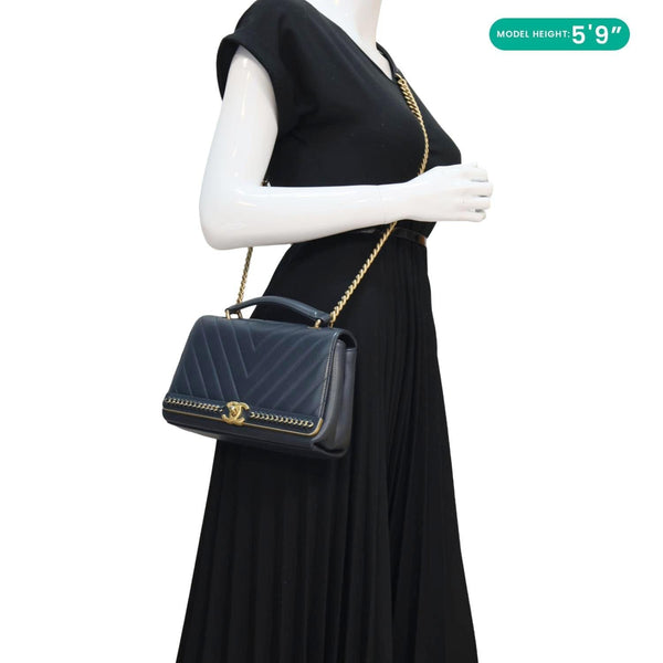 CHANEL Coco Stitched Flap Chevron Leather Chain Top Handle Shoulder Bag Navy Blue