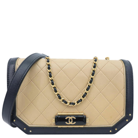 CHANEL Octagon CC Clasp Flap Medium Quilted Leather Crossbody Bag Beige