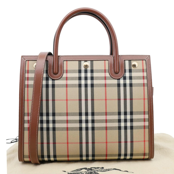 BURBERRY Medium Title Vintage Check Canvas Top Handle Shoulder Bag Beige
