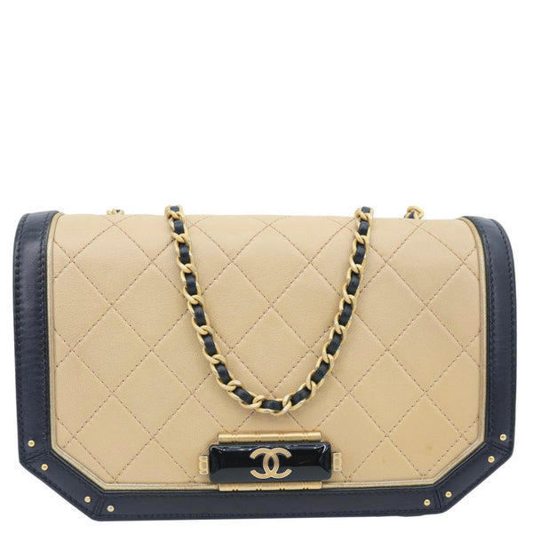 CHANEL Octagon CC Clasp Flap Medium Quilted Leather Crossbody Bag Beige