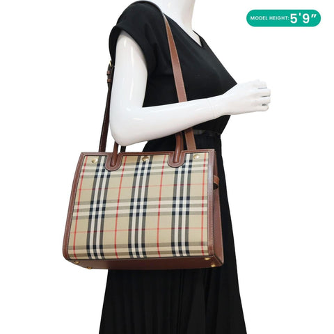 BURBERRY Medium Title Vintage Check Canvas Top Handle Shoulder Bag Beige