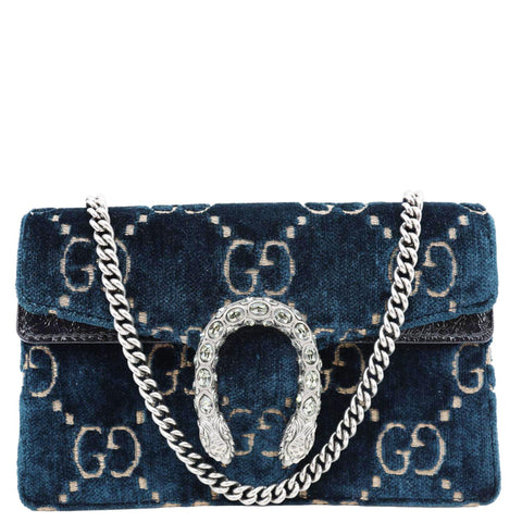 GUCCI Dionysus Super Mini GG Monogram Velvet Crossbody Bag Blue 476432