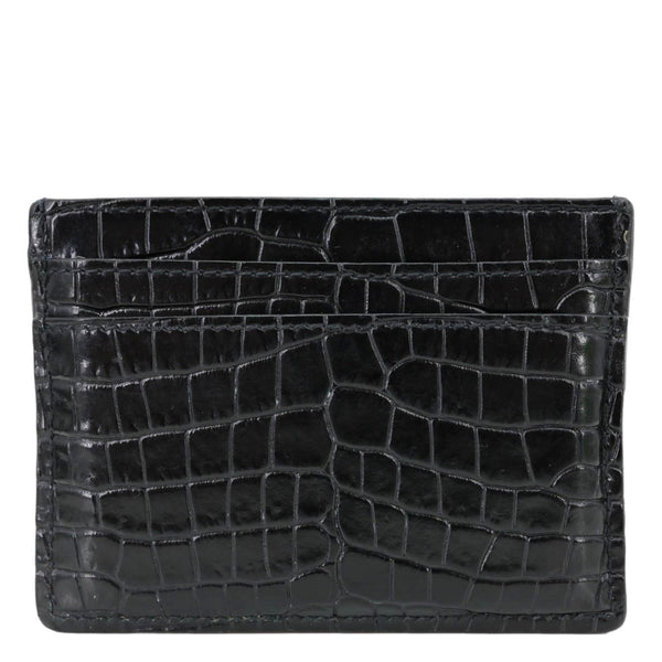 YVES SAINT LAURENT Monogram Calfskin Crocodile Embossed Leather Card Holder Black