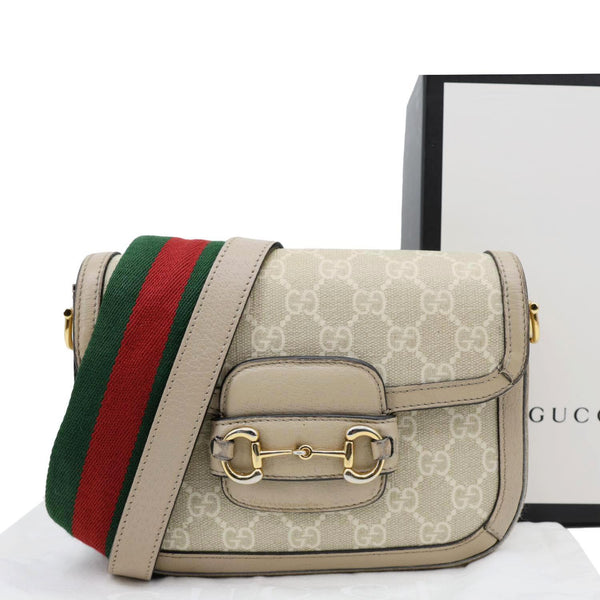 GUCCI Horsebit 1955 Flap Small GG Supreme Canvas Shoulder Bag Beige 658574